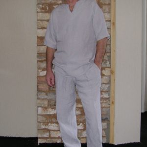 Men”s Linen Summer Set, Long Trousers and Slim Fit T-Shirt, Pants with Elastic and Tie waistband, Side pockets, Comfortable Outfit Costume