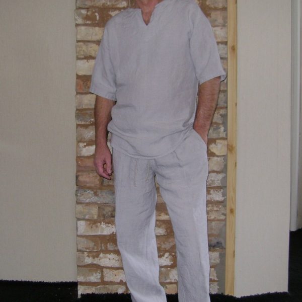 Men”s Linen Summer Set, Long Trousers and Slim Fit T-Shirt, Pants with Elastic and Tie waistband, Side pockets, Comfortable Outfit Costume