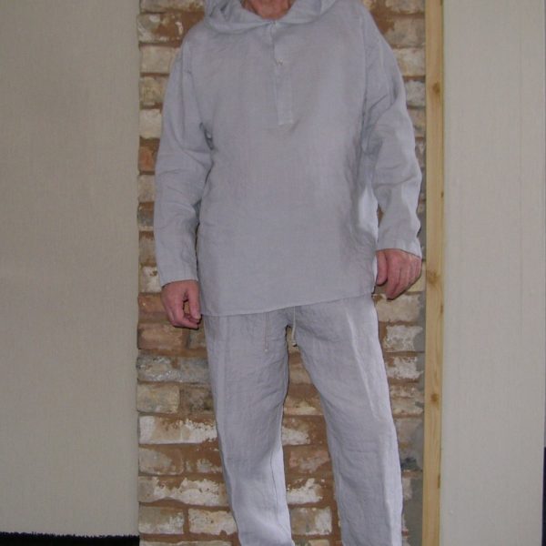 Linen Men’s Sportswear Set with Hood, Flax Suit, Long-Sleeved Linen Shirt and Long Pants with Elastic Waist and Pockets. Meditation Costume