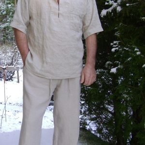 Mens Linen Shirt and Pants, Summer Set, Trouser with Drawstring and Elastic Waist and Side Pocket, Short Sleeve Shirt with Small Collar,