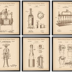 6 Wine Patent Art Vintage Wine Bottle Blueprint Wine Press Drawing Corkscrew Patent Pub Decor Kitchen Wall Art Housewarming Gift
