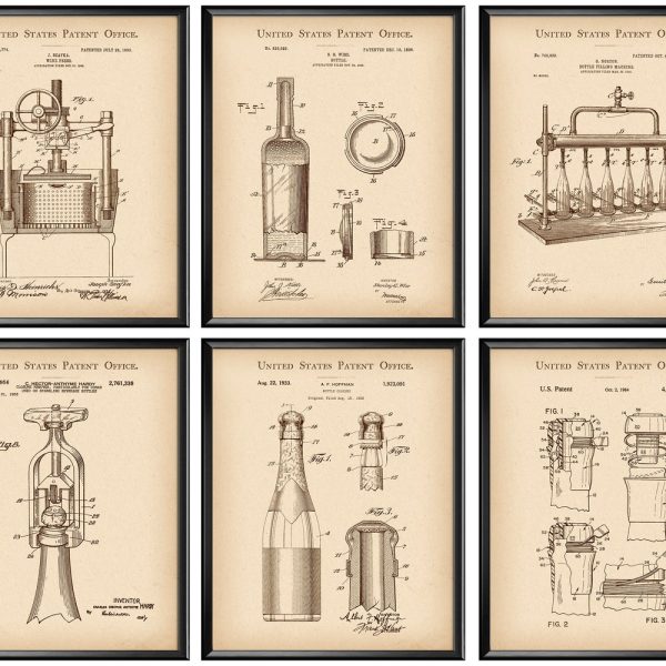 6 Wine Patent Art Vintage Wine Bottle Blueprint Wine Press Drawing Corkscrew Patent Pub Decor Kitchen Wall Art Housewarming Gift