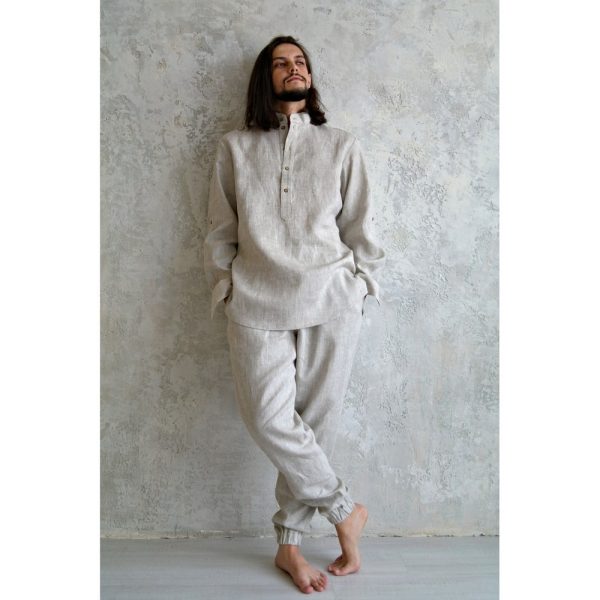 LINEN set for Men: stand up collar shirt, tapered pants. Men’s Linen Vacation Suit, Undyed Linen Suit Men, Mens Organic flax Shirt and Pants