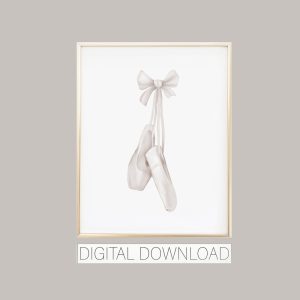 white ballerina slippers print, ballerina slippers watercolor, dance wall art printable, dancer themed room, big girls room decor