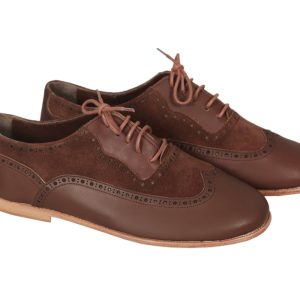 MEN Wingtip Oxford Moccasin Heel Shoes for Businesswoman Matte BROWN Smooth and Suede Leather Handmade, Dress Formal Oxfords Lace Up
