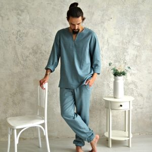 MENS LINEN V-neck long-sleeved shirt, loose pants. Gift for Him! Pure linen Lounge Set for Men. Men’s Casual Flax Suit. Organic linen suit.