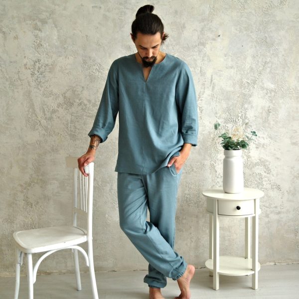 MENS LINEN V-neck long-sleeved shirt, loose pants. Gift for Him! Pure linen Lounge Set for Men. Men’s Casual Flax Suit. Organic linen suit.