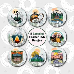 Camping Car Coaster PNG, Nature Sublimation Coaster Bundle, Adventure Coaster Design, Hiking Coaster Template, Camper Round Keychain PNG