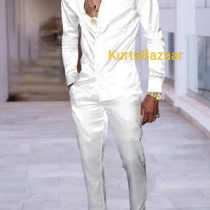 African Mens Outfit, Men’s Clothing, Fashion Casual, Solid Color White Outfits, Mens Shirt Pants Matching Colour