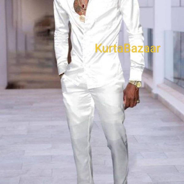 African Mens Outfit, Men’s Clothing, Fashion Casual, Solid Color White Outfits, Mens Shirt Pants Matching Colour
