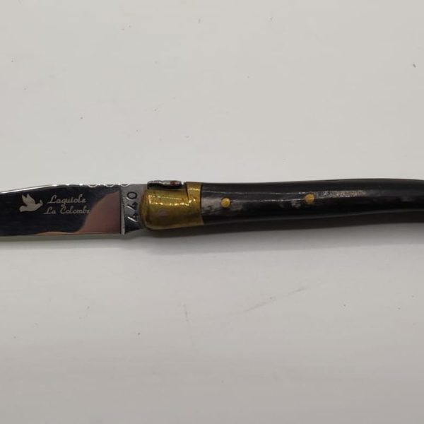 Laguiole folding corkscrew knife, La Colombe model, black and gold color.