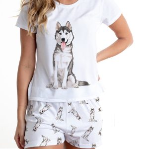 Husky pajama set with shorts for women, Siberian Husky soft pjs, Wolf print outfit, gift idea for her, dog lover sleepwear perfect gift