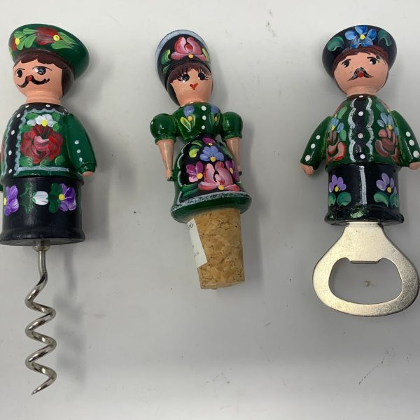 Bar Set of 3 Vintage Hungarian /  Corkscrew-Bottle Opener-Bottle Cork Topper Hand Made Hand Painted
