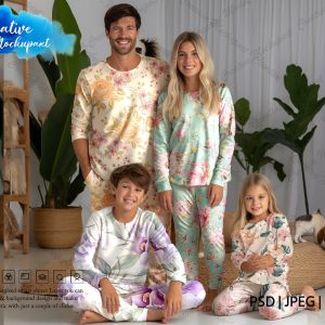 Family Loungewear Pajama Set Mockup | Family Matching Pajama Set | Family Sleepwear Mockup | Customizable Stock Photography Via PSD, PNG