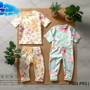 2 Children’s Pajamas Set, Short Sleeve Pajama Set Mock Up, Kids Sleepwear Mock Ups | DYE Sublimation Realistic PJ Clothing Mockup in PSD Png