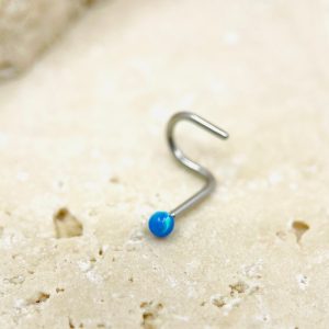 20G Opal Nose Stud, Blue Opal Nose Screw Stud, Cork Screw Nose Piercing