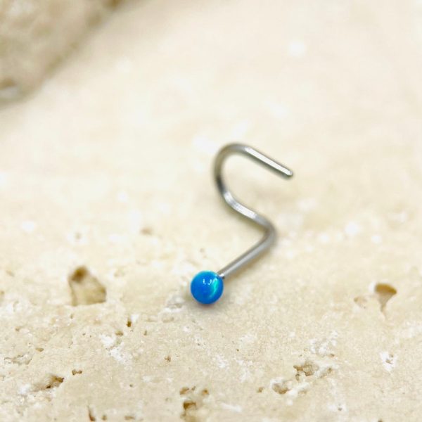 20G Opal Nose Stud, Blue Opal Nose Screw Stud, Cork Screw Nose Piercing