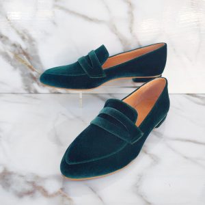 Women’s Velvet Loafers, Emerald Stylish Low Heel Moccasins, Unique Slip-on Velvet Shoes, Classic Office-Appealing, Pointed-toe Flats