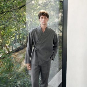 Japanese style men’s linen kimono set Natural fabric lounge home wear flax comfy clothes grey graphite Spa pajama Relaxed fit pants shirt