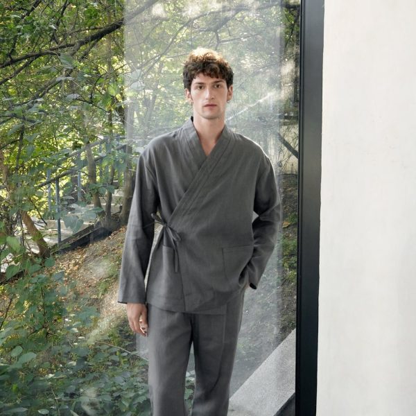 Japanese style men’s linen kimono set Natural fabric lounge home wear flax comfy clothes grey graphite Spa pajama Relaxed fit pants shirt