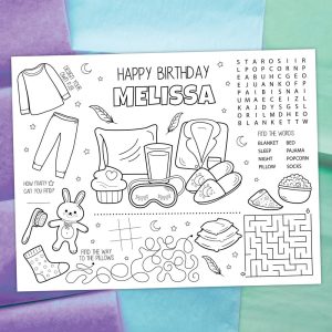 Pajama Party Coloring Placemat DIGITAL | Slumber Party Activity Sheet | Sleepover Kids Coloring Page | EDITABLE Printable File Download
