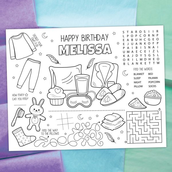 Pajama Party Coloring Placemat DIGITAL | Slumber Party Activity Sheet | Sleepover Kids Coloring Page | EDITABLE Printable File Download