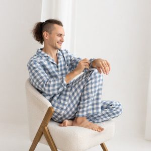 Light Blue Gingham Linen Pajama Set, Two Piece Linen Men’s Pajama Set,Long Sleeve Linen Pajama,Linen Loungewear Set,Linen Christmas Pajama