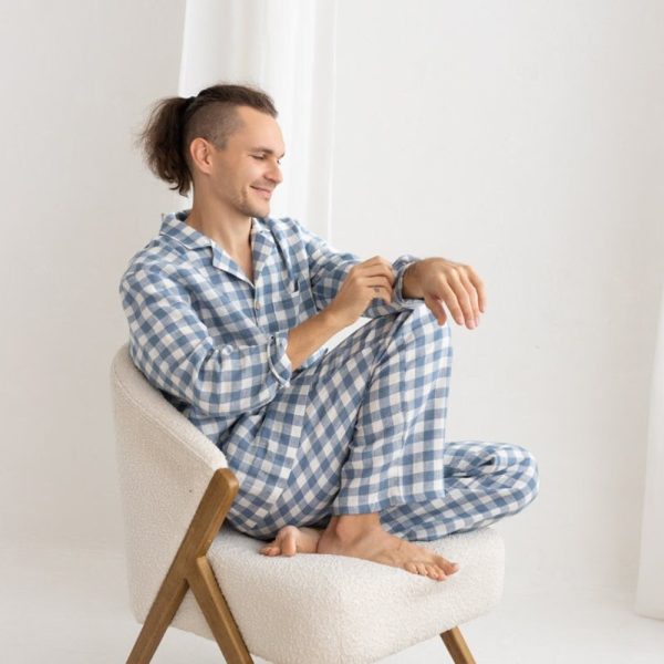Light Blue Gingham Linen Pajama Set, Two Piece Linen Men’s Pajama Set,Long Sleeve Linen Pajama,Linen Loungewear Set,Linen Christmas Pajama