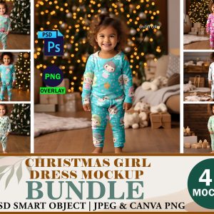 4 Christmas Girl Housedress Pajama Mockup Bundle, PSD Mockup Realistic Kids Clothes Mockup, Realistic Housedress mockup, Baby Onesie Mockup
