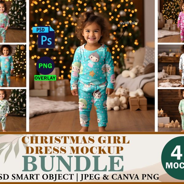 4 Christmas Girl Housedress Pajama Mockup Bundle, PSD Mockup Realistic Kids Clothes Mockup, Realistic Housedress mockup, Baby Onesie Mockup