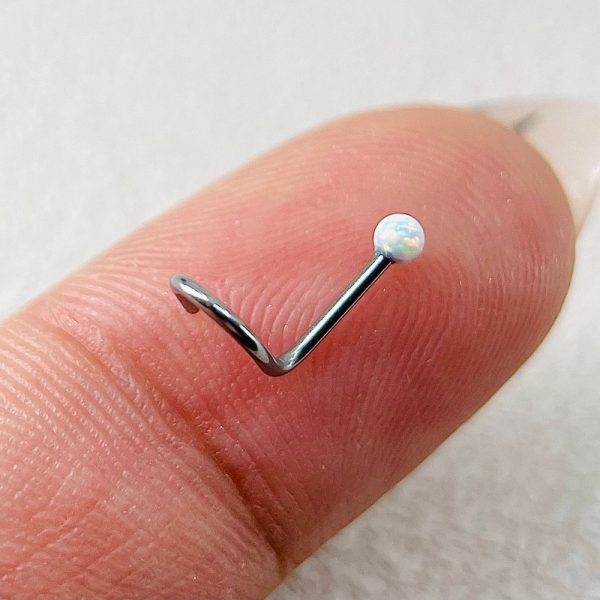 20ga White Opal Ball Corkscew Nose Stud, Implant Grade Titanium Nose Corkscrew Stud Piercing Jewelry