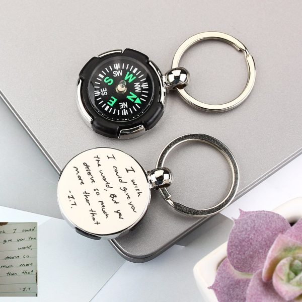 Small Tire Compass Key Accessory, Personalized Handwriting Custom Keychain, Camping Accessory Keychain, Anniversary Gift