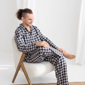 Deep Blue Gingham Linen Pajama Set, Two Piece Linen Men’s Pajama Set,Long Sleeve Linen Pajama,Linen Loungewear Set,Linen Christmas Pajama
