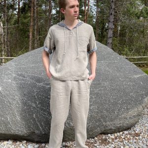 Men’s Leisure Set / Short Sleeve Linen Hooded Jacket with Drawstring Pants / Loungewear Set / Leisure Clothing