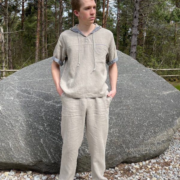 Men’s Leisure Set / Short Sleeve Linen Hooded Jacket with Drawstring Pants / Loungewear Set / Leisure Clothing
