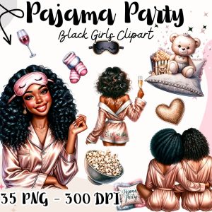 Black Girls Pajama Party, Black Woman Clipart, Cozy Movie Time Stickers, Slumber party, Pajama Clipart & DIY Printables, Digital Stickers