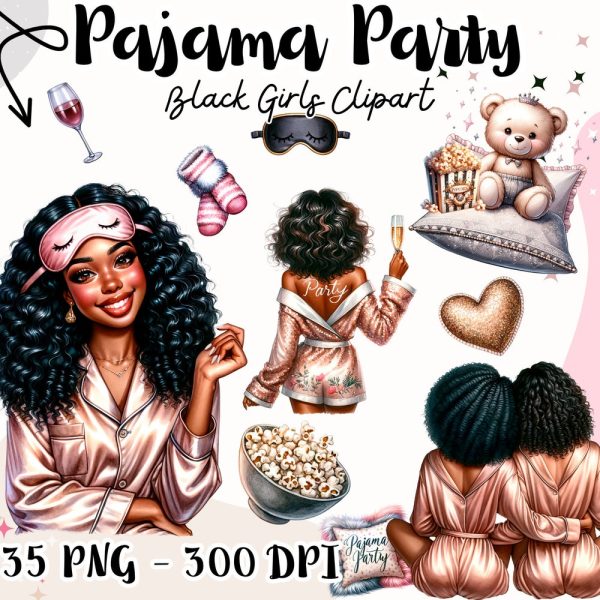 Black Girls Pajama Party, Black Woman Clipart, Cozy Movie Time Stickers, Slumber party, Pajama Clipart & DIY Printables, Digital Stickers