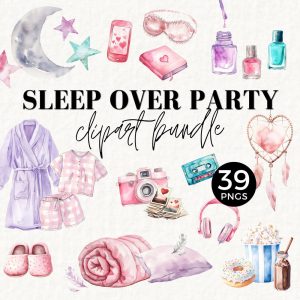 Spa and Slumber Party Invitation Clipart, 11th Birthday Sleep Over Theme, Moon and Stars, Pamper, Gown, Slippers, PJs, Girls Weekend, 069SS