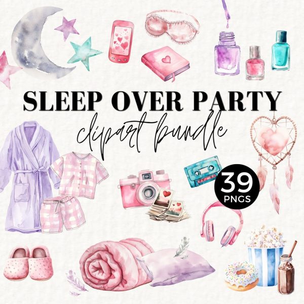 Spa and Slumber Party Invitation Clipart, 11th Birthday Sleep Over Theme, Moon and Stars, Pamper, Gown, Slippers, PJs, Girls Weekend, 069SS