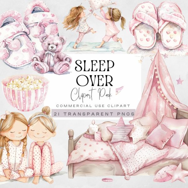 Sleepover Clipart, Pajama Squad Party Clip Art, Slumber Birthday Graphics, Pyjama Parties png, Sleep Over images, Movie Night illustrations