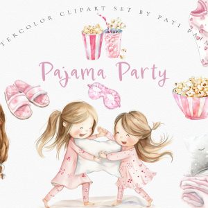 Pink Pajama Party Clipart Pack – Nursery Clipart for Girl – Watercolor Slippers – Sleeping Mask – Pillow Clipart – Its a Girl – Baby Shower