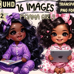 Pyjama Girls (P2) Clipart – 16 PNG Cute Adorable Girl Graphics, Sweet Beautiful Printables,Instant Digital Download,Unlimited Commercial Use
