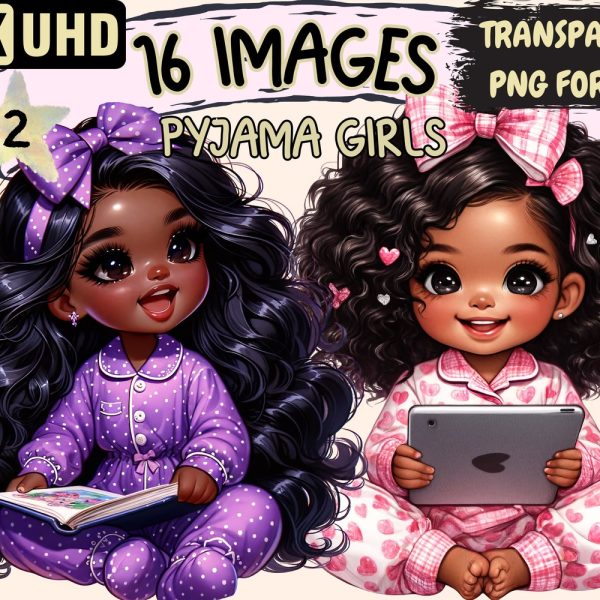 Pyjama Girls (P2) Clipart – 16 PNG Cute Adorable Girl Graphics, Sweet Beautiful Printables,Instant Digital Download,Unlimited Commercial Use