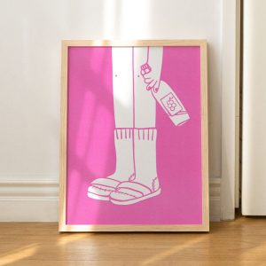 Socks, slippers, and wine art print in pink – Hand-drawn illustration – Aesthetic fun wall art – Trendy bar cart or kitchen poster