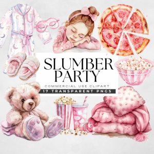 Slumber Party Girl Clipart, Pajama Party Clip Art, Teepee Sleepover Birthday png, Sleep Mask, Movie Night In, Teen Girl, Invitations & Cards