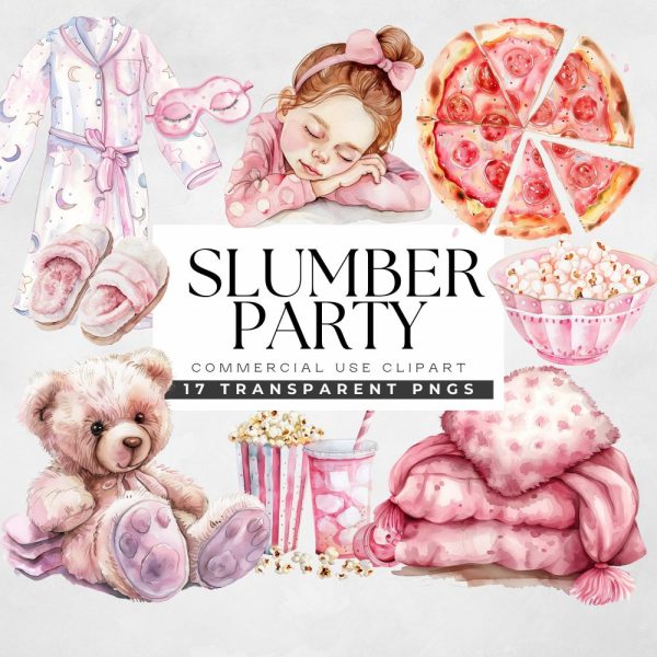Slumber Party Girl Clipart, Pajama Party Clip Art, Teepee Sleepover Birthday png, Sleep Mask, Movie Night In, Teen Girl, Invitations & Cards