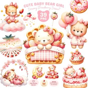 Cute Baby Bear Girl Clipart, Baby Bear png, Strawberry Dessert png, Baby Shower, Pajama Bear, Pink Bear Clipart, Card making, Commercial Use
