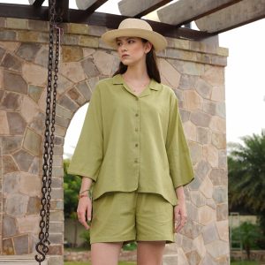 Linen Two Piece Set | Co-ord Set in 40 colors | Casual Shirt and shorts | Cuban Collar Resort Shirt | Linen Cotton Relaxed Blouse Set
