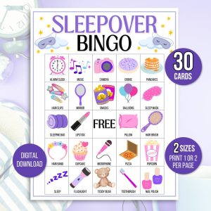 Sleepover Bingo, Sleepover Game, Slumber Party Bingo, Pajama Party Bingo, 30 Sleepover Bingo Cards, Pajama Party Game, Slumber Party Game