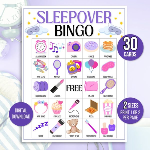 Sleepover Bingo, Sleepover Game, Slumber Party Bingo, Pajama Party Bingo, 30 Sleepover Bingo Cards, Pajama Party Game, Slumber Party Game